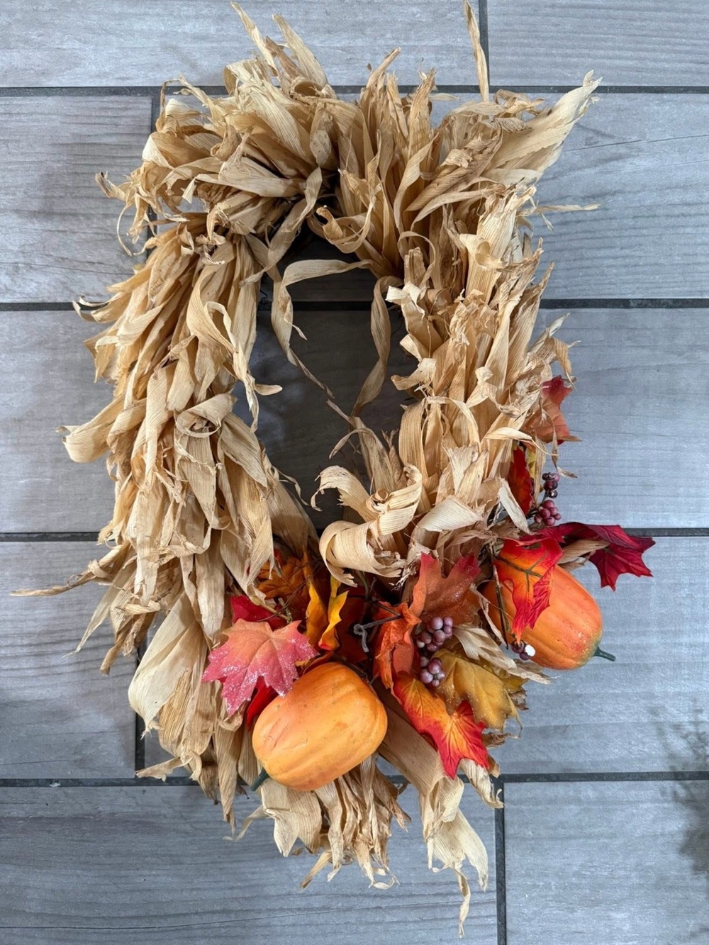 Autumn Corn Husk Wreath with Pumpkins and Fall Leaves